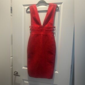 bebe Red Strapless Plunging Bodycon Dress